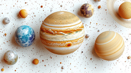 A vibrant artistic representation of the planets in our solar system arranged on a clean white background, showcasing the beauty and diversity of the cosmos