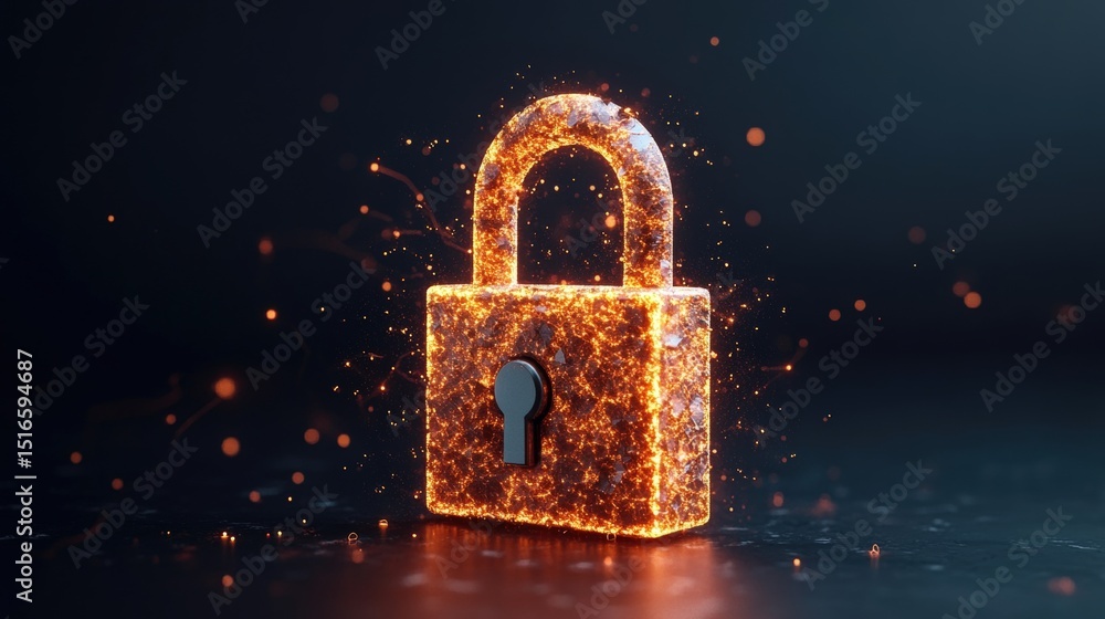 Poster glowing sparkling digital lock symbol representing cybersecurity lock protection security access con