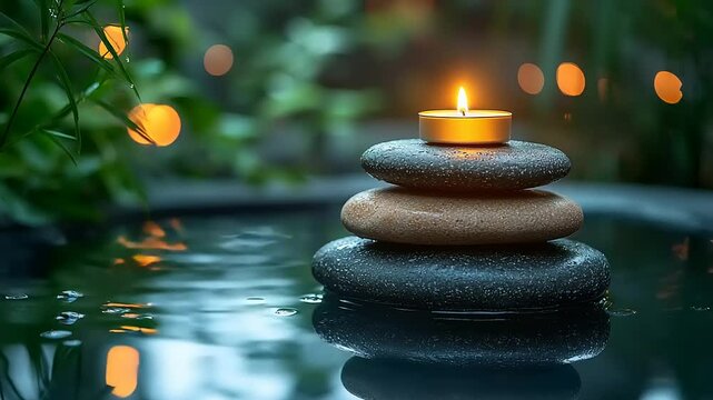 Calm scene with candle and stones in water