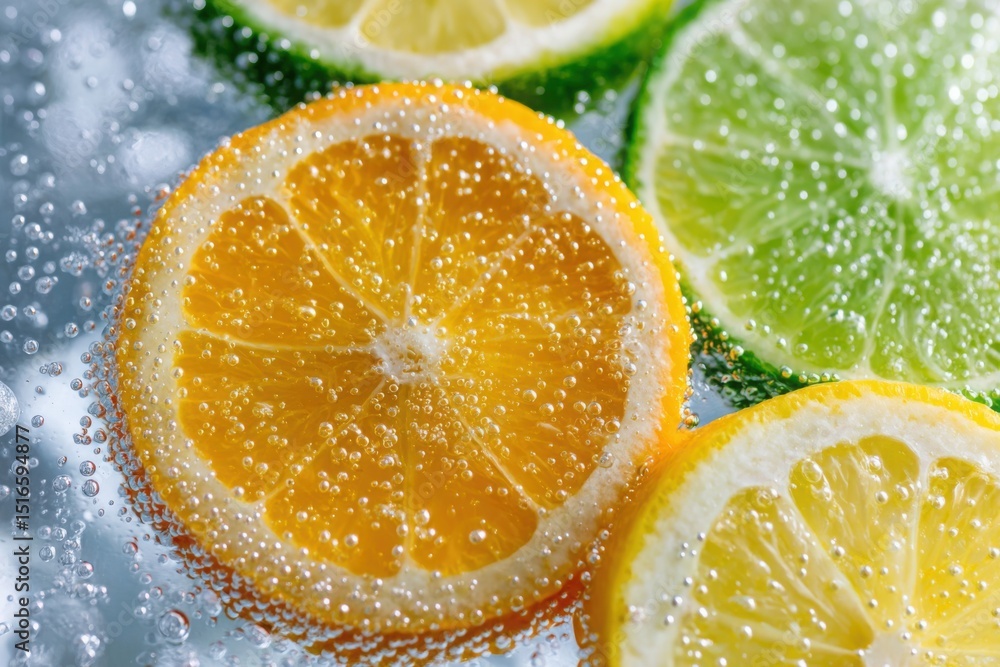 Aufkleber macro of orange, lime, and lemon slices submerged in sparkling water with visible effervescence, ref