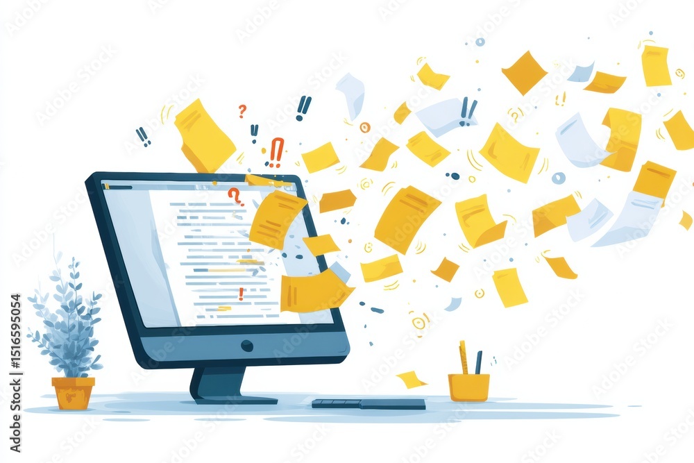 Aufkleber Crashed Computer Illustration With Flying Files and Exclamation Marks Creating a Chaotic Digital Atmosphere