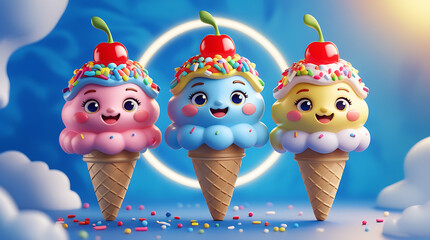 Three cheerful 3D cartoon ice cream cones, each topped with colorful sprin
