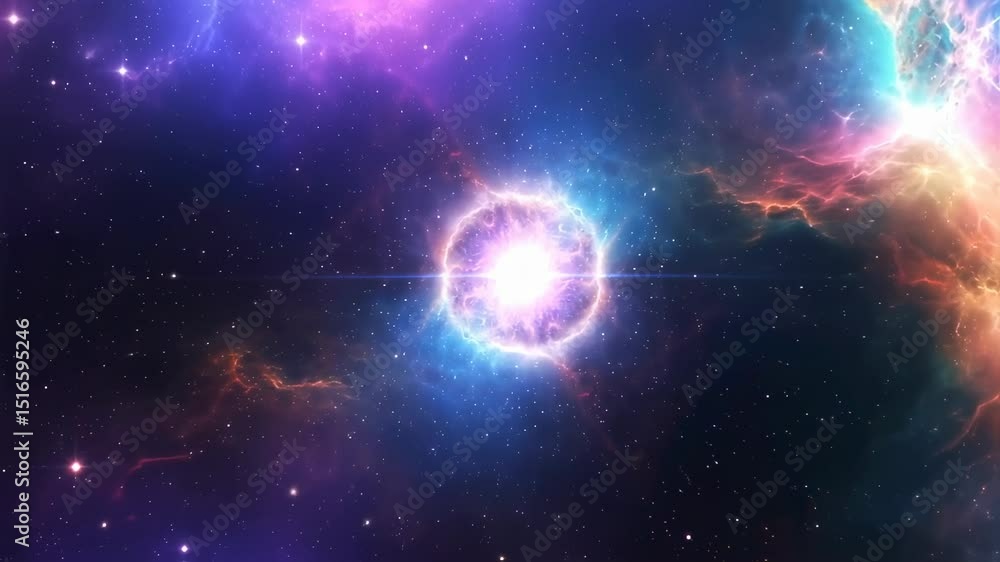 Poster loop animation of space nebula towards light loop animation glowing galaxies and stars passing