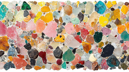A vibrant collection of colorful stones and crushed glass showcasing various shapes and textures, perfect for decorative and artistic backgrounds or designs