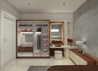 3D design of an open-concept vanity table and doorless wardrobe with mid century style