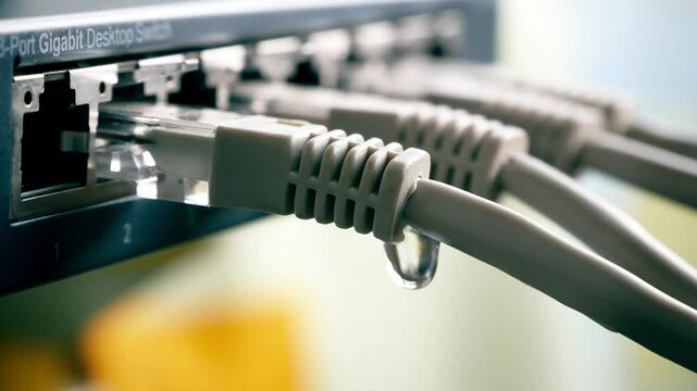Loopy-looking video of ethernet switch with water dripping from a network cable &mdash; symbolic representation of data leakage, cyber espionage, and hacker attacks on business networks.