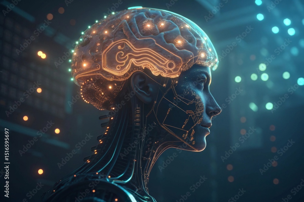 Poster ai brain composed of glowing circuits and robotic element futuristic humanoid figure with a glowing,