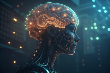 Obraz premium AI brain composed of glowing circuits and robotic element Futuristic humanoid figure with a glowing, intricate brain design.