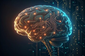 AI brain composed of glowing circuits and robotic element Digital brain design with circuit patterns, symbolizing technology and intelligence.