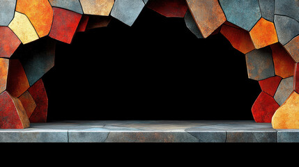 A vibrant stone archway with a unique texture creates an artistic empty space. The colorful rocks provide a striking backdrop perfect for presentations or displays