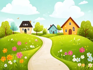 Rolgordijnen Kinderkamer Colorful cartoon village landscape  © Athayya
