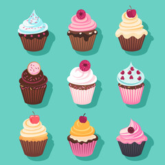 Colorful Cupcake Vector Set | Cute Dessert Icons and Sweet Bakery Illustrations

