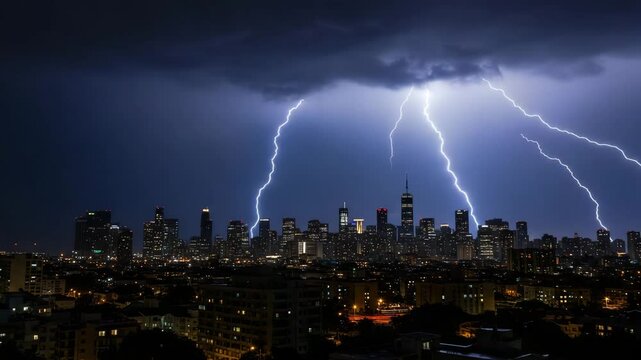 A lightning storm raging over a nighttime cityscape