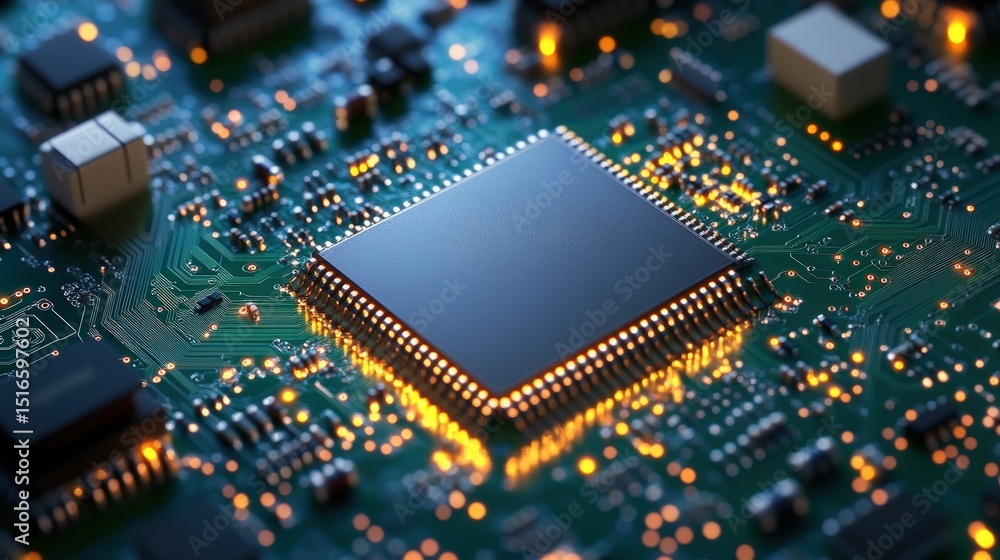 Poster close-up of a modern computer circuit board with microchips and electronic components illuminated wi