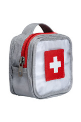 A small and ready-to-use first aid kit with a clear red cross symbol on the front.