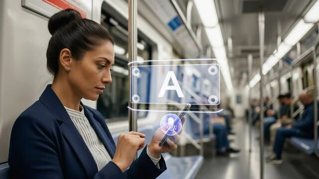 Businesswoman studies tablet on empty carriage as holographic tablet ai graphics float. Neon lines flash beyond windows, and the tablet ai refines reports to support her work through adaptive tablet