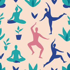 seamless yoga pose pattern   silhouettes of yoga 