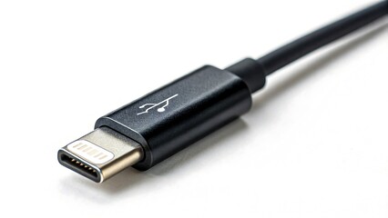 Close-up of black USB Type-C charging cable isolated on white background, modern connector for data transfer and power
