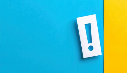 Attention mark minimal concept. Vibrant blue and yellow background with a white exclamation mark symbol.