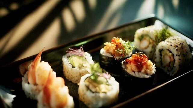An array of assorted sushi rolls presented on a rectangular dark plate under sunlight dappled by shadows, showcasing Japanese cuisine.