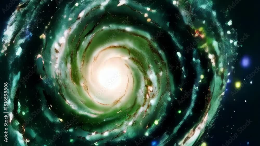 Poster vibrant green spiral galaxy animation rotating around a bright central core with glitter particles f