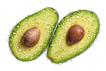 Two halves of a fresh avocado with water droplets