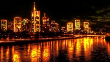 Neon Frankfurt Skyline at Night Digital Painting, Cityscape, Golden Hour, Frankfurt, Germany , cityscape , digital art