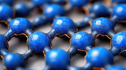 This close-up image showcases a blue molecular structure with spherical atoms, highlighting intricate details and patterns in a scientific and abstract context