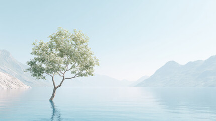 serene landscape featuring single natural element surrounded by soft lines and ultrabright clean background