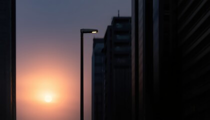 City Sunset Silhouette: The radiant orb of the setting sun descends gracefully behind the dark, angular silhouettes of a modern city skyline, creating a striking contrast of light and shadow.