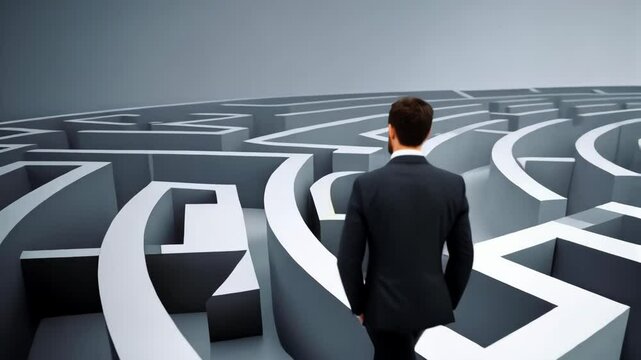 Man in business suit standing before a labyrinth, conceptual challenge and problem solving, path to success, complexity in business.