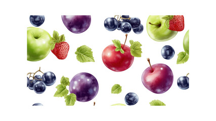 Vibrant Seamless Pattern of Fresh Fruits Apples, Strawberries, Plums, and Grapes