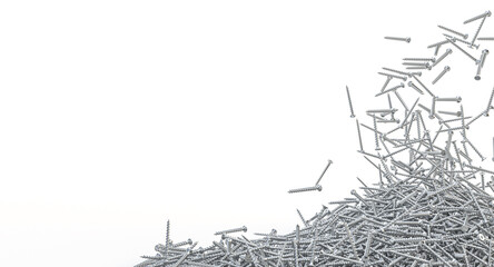 Chrome screws on a pile over a white background 3d