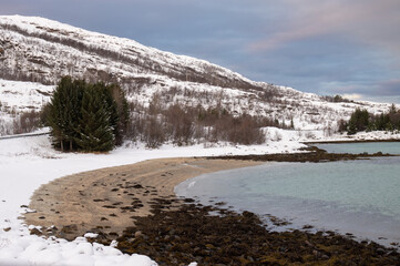 Winter beach, landscape with snow, Norway