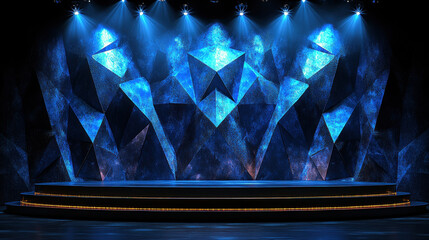 This image showcases a stunning abstract stage design featuring geometric shapes and captivating blue lighting, perfect for performances or events
