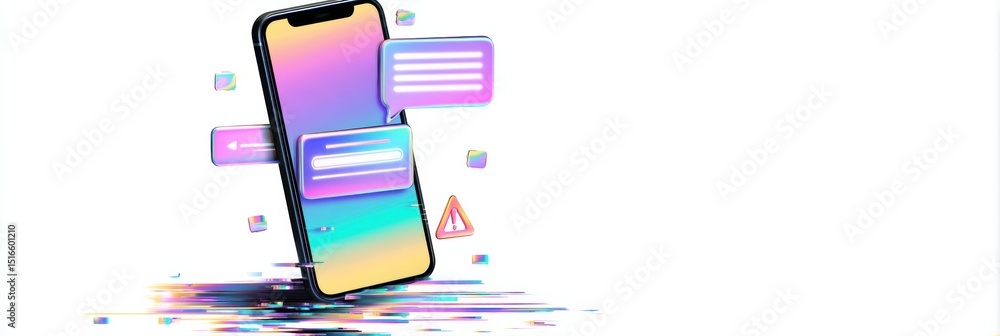 Poster Glitchy Smartphone Screen Displays Error Popups With Clear Top Margin and Colorful Visuals