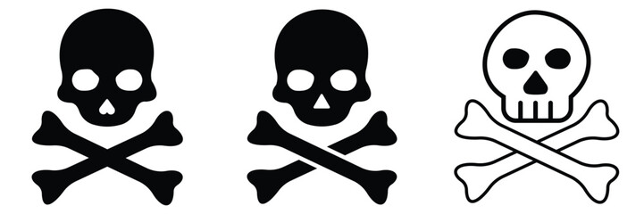 Skull and Crossbones Danger Icons – Poison, Toxic, and Warning Symbols in Flat Vector Set