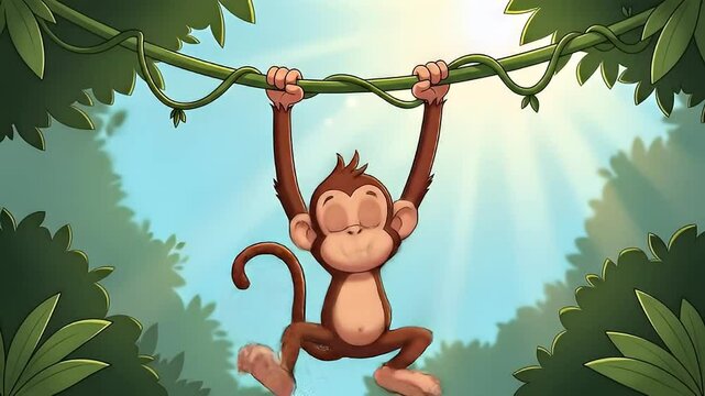 Jungle cartoon monkey swinging with joy