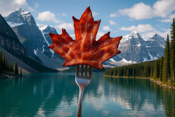 Crispy bacon shaped like a maple leaf over calm lake
