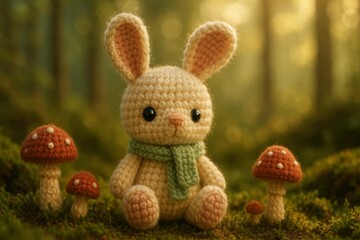 handmade crochet bunny sitting in a miniature forest setting