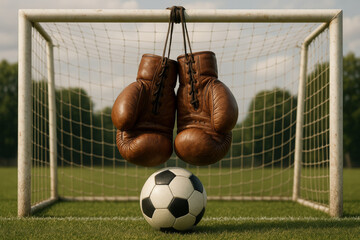 Leather boxing gloves and soccer ball at goal