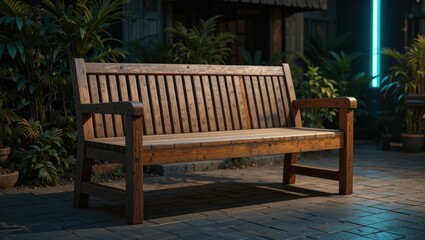 Fototapeta premium Rustic Wooden Bench in Urban Garden at Night Surrounded by Lush Greenery and Ambient Lighting