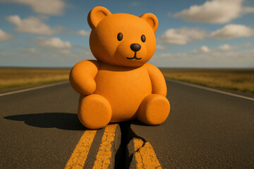 Orange teddy bear sits on cracked road
