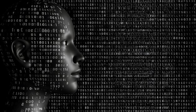 Profile of a robotic head, binary code background - Powered by Adobe