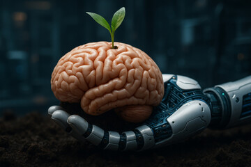 Robotic hand nurturing a sprouting brain