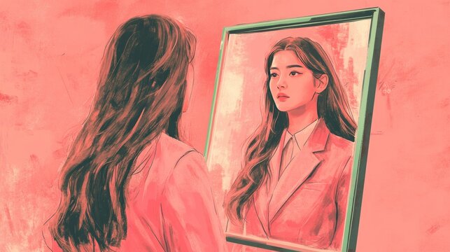 Woman gazing at reflection, pink background, self-image, album art