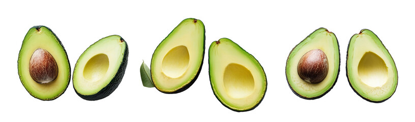 Variety of cut avocado halves isolated on transparent background PNG