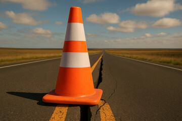 Traffic cone on cracked roadway