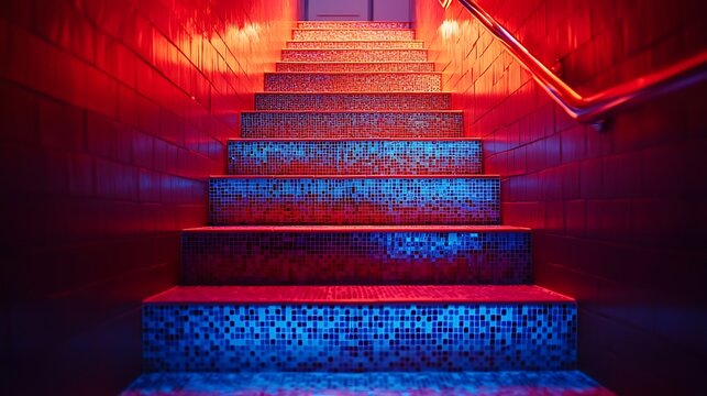 Illuminated stairway with mosaic tiles bathed in vibrant red and blue hues - Powered by Adobe