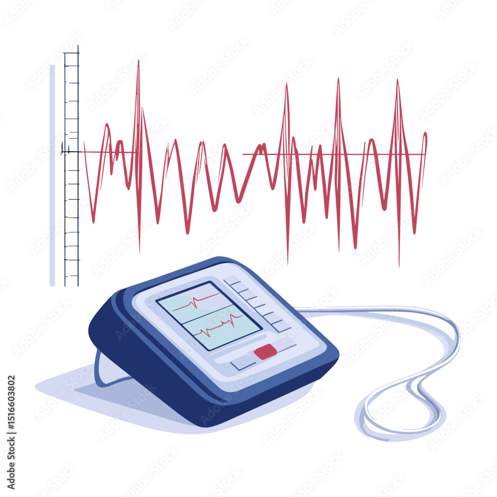 Poster detailed illustration of a medical monitor device displaying a red waveform graph on a white backgro
